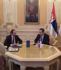 28 April 2022 National Assembly Speaker Ivica Dacic in meeting with the Head of EU Delegation to Serbia Ambassador Emanuele Giaufret